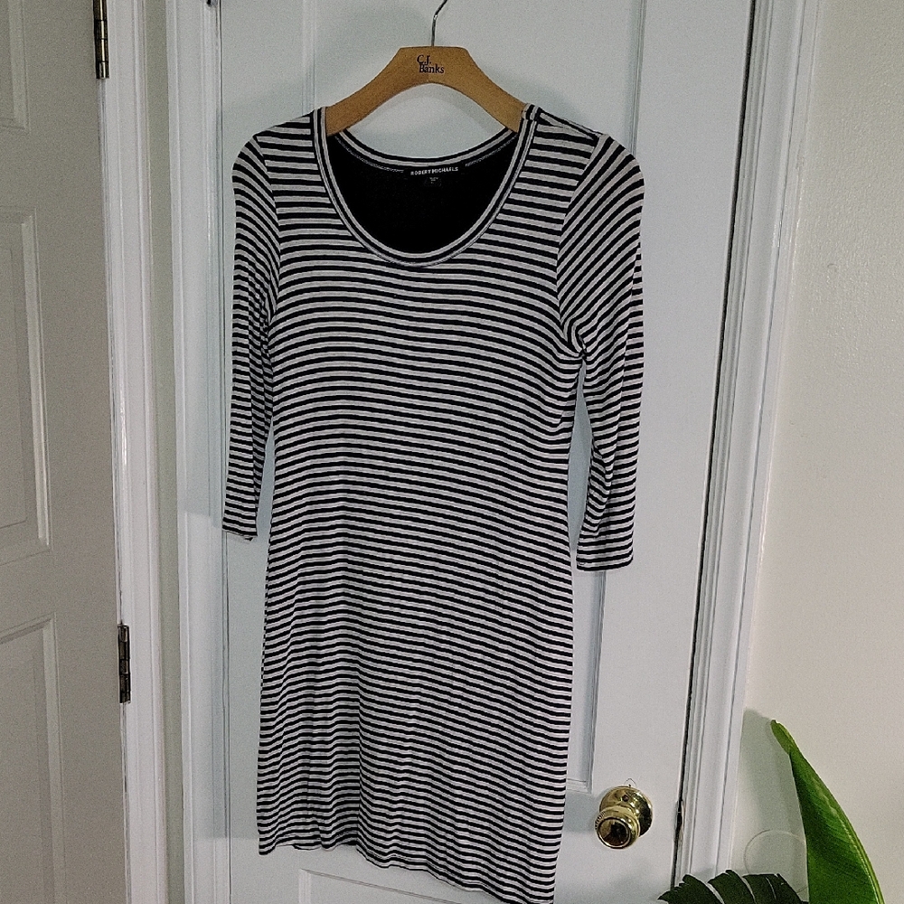 Robert Michaels Navy & Gray Striped 3/4 Sleeve Fully Lined Dress SZ L